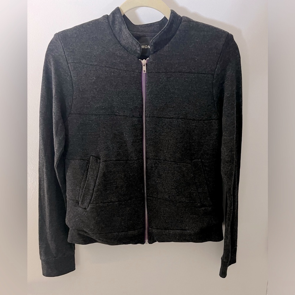 Monrow women’s zip up jacket with pockets, size M/L, pre-owned, charcoal gray